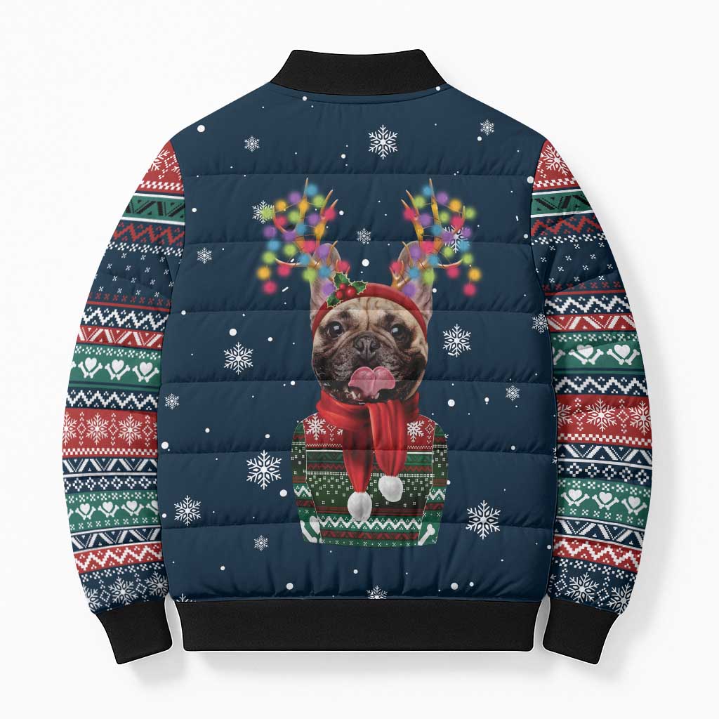 French Bulldog Reindeer Antlers Lights Bomber Puffer Jacket with Red Green Winter Pattern Design - Wonder Print Shop