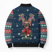 French Bulldog Reindeer Antlers Lights Bomber Puffer Jacket with Red Green Winter Pattern Design - Wonder Print Shop
