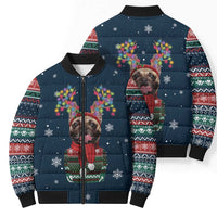 French Bulldog Reindeer Antlers Lights Bomber Puffer Jacket with Red Green Winter Pattern Design - Wonder Print Shop