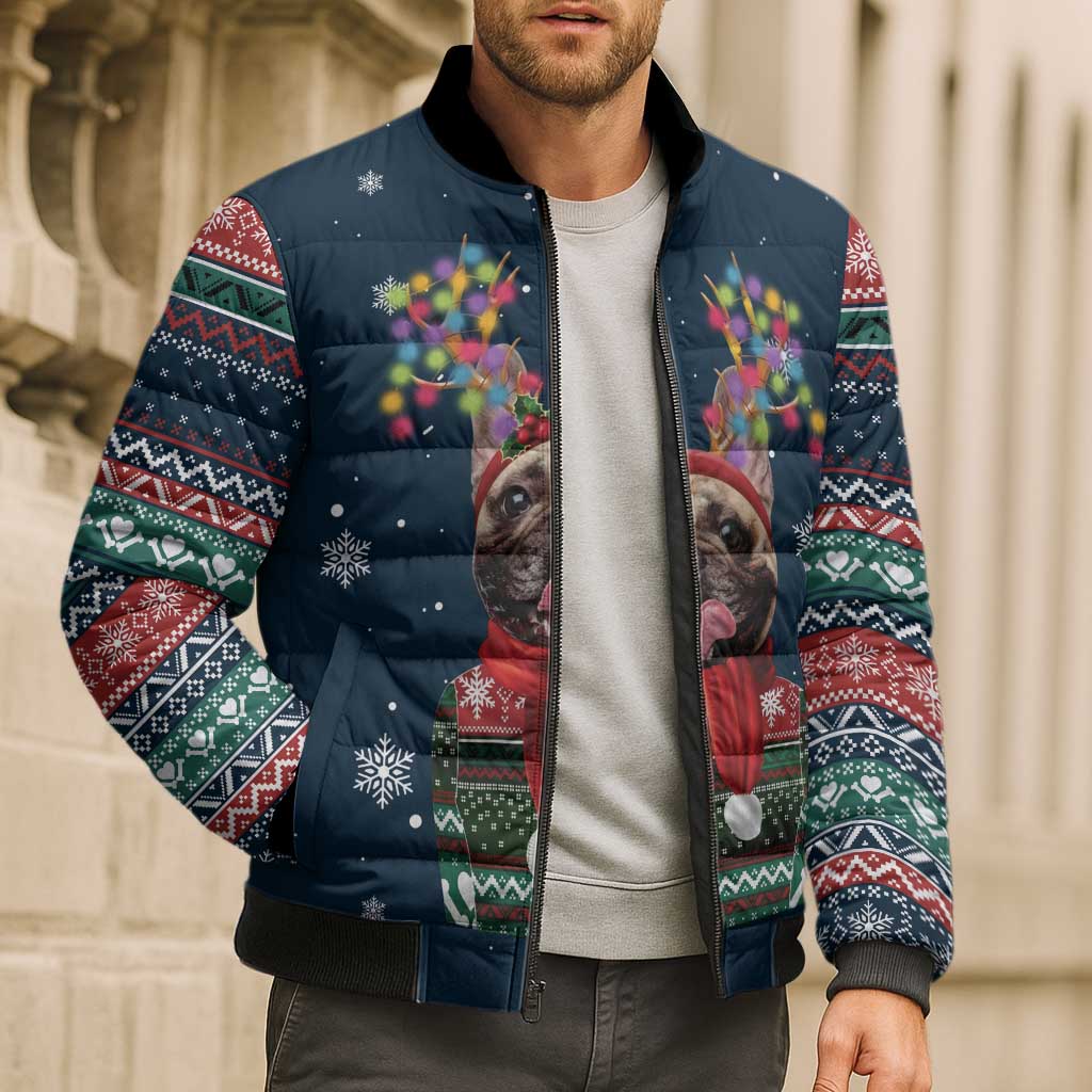 French Bulldog Reindeer Antlers Lights Bomber Puffer Jacket with Red Green Winter Pattern Design - Wonder Print Shop