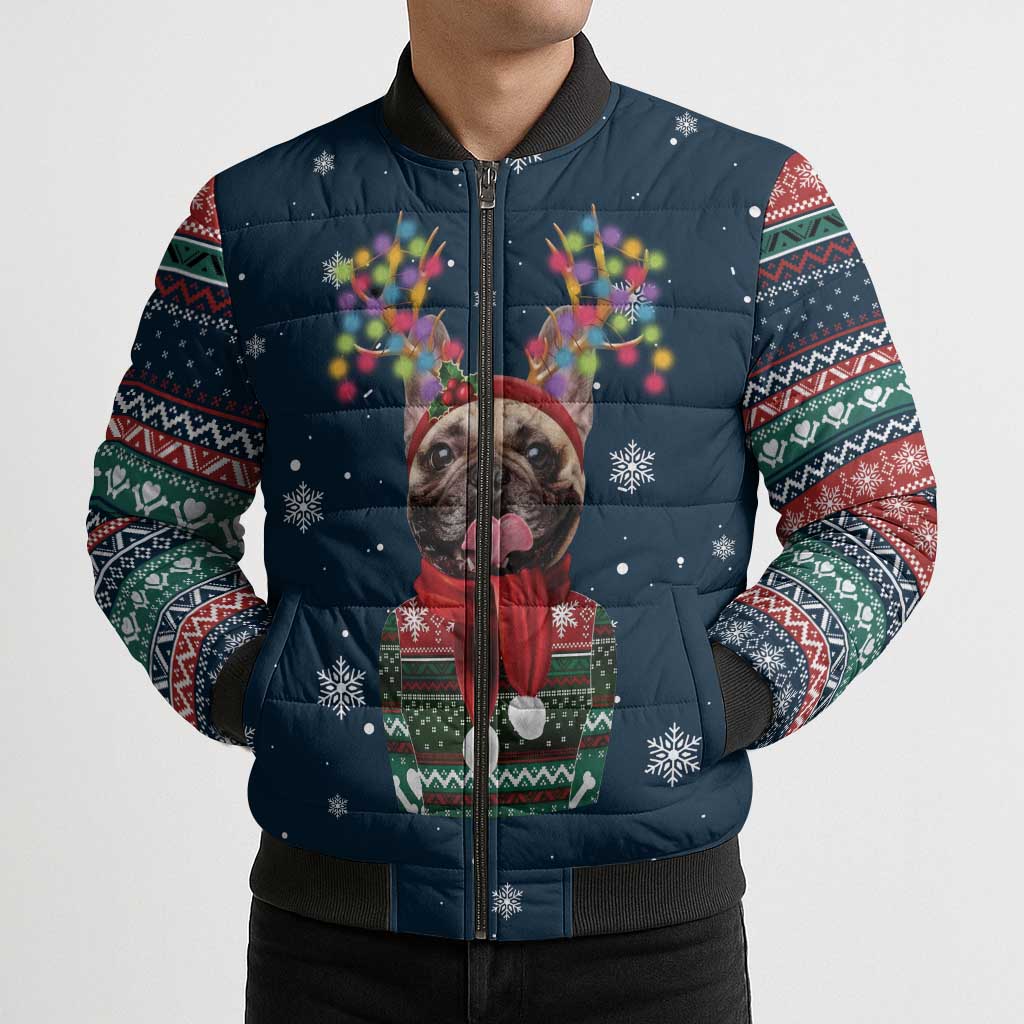 French Bulldog Reindeer Antlers Lights Bomber Puffer Jacket with Red Green Winter Pattern Design - Wonder Print Shop