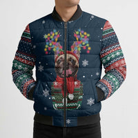 French Bulldog Reindeer Antlers Lights Bomber Puffer Jacket with Red Green Winter Pattern Design - Wonder Print Shop