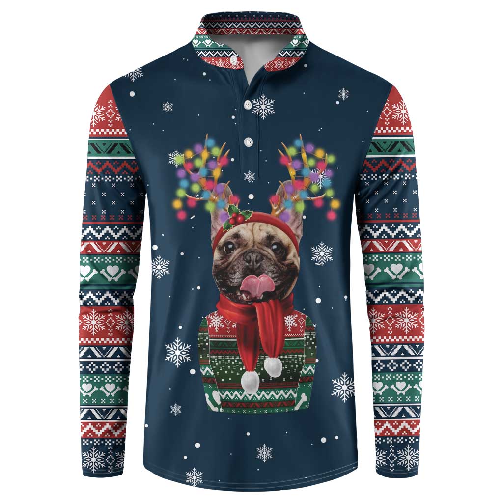French Bulldog Reindeer Antlers Lights Button Sweatshirt with Red Green Winter Pattern Design - Wonder Print Shop