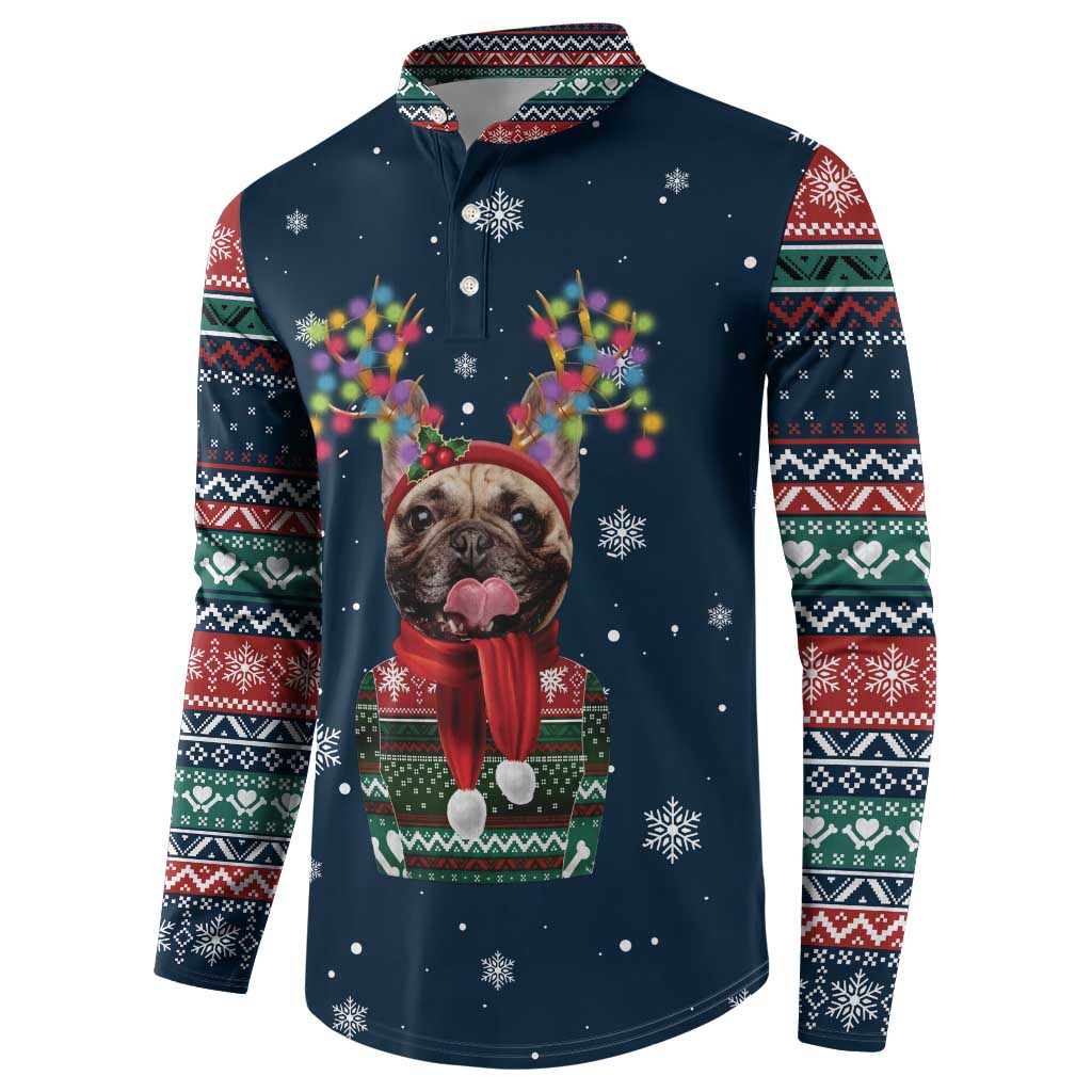 French Bulldog Reindeer Antlers Lights Button Sweatshirt with Red Green Winter Pattern Design - Wonder Print Shop