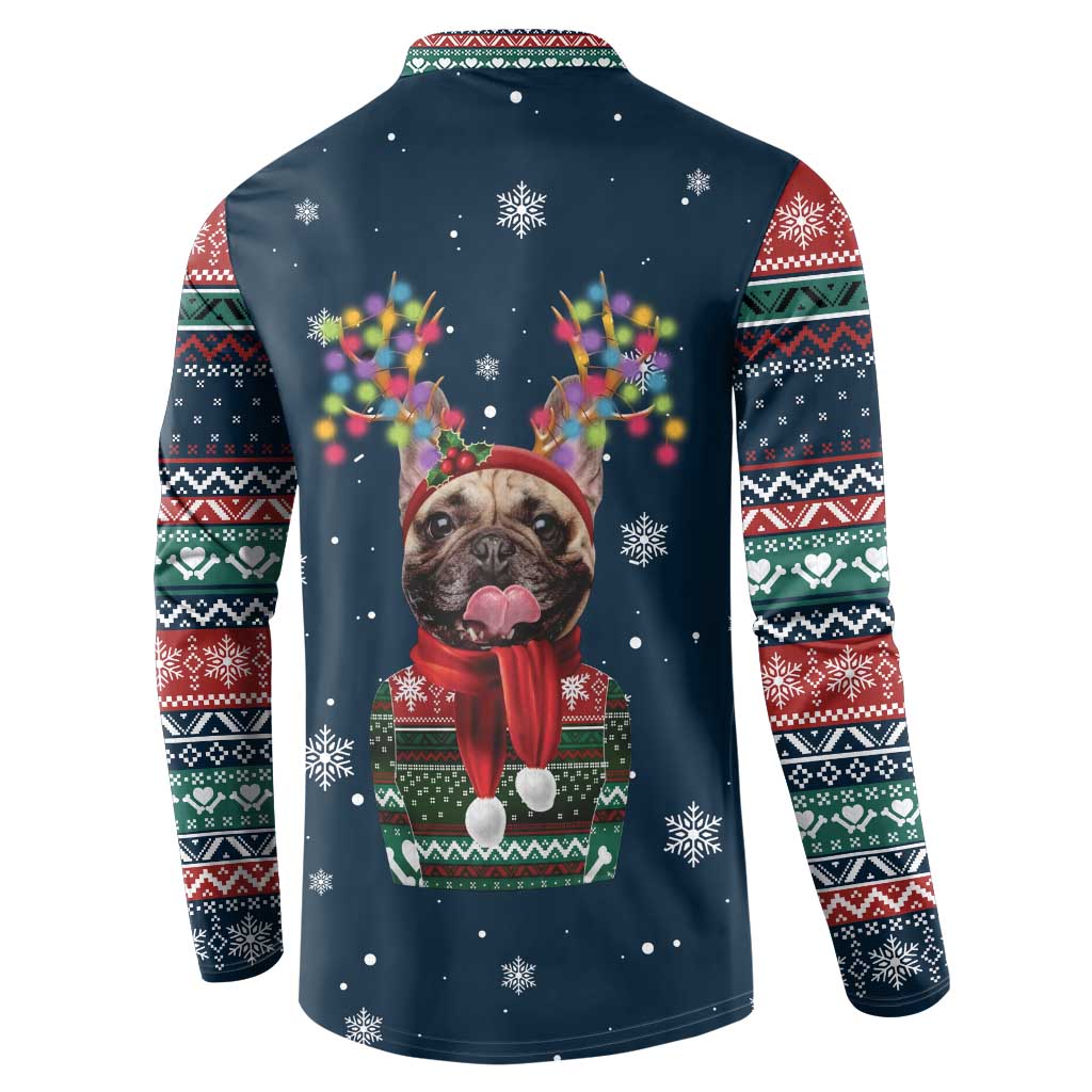 French Bulldog Reindeer Antlers Lights Button Sweatshirt with Red Green Winter Pattern Design - Wonder Print Shop