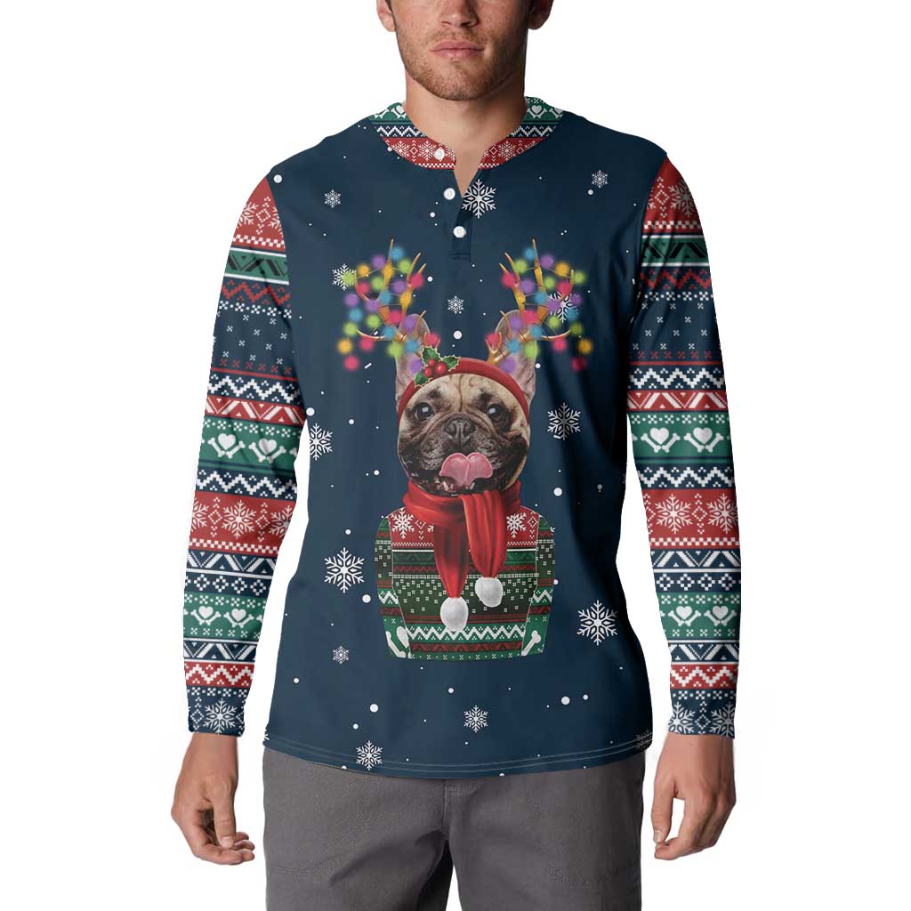 French Bulldog Reindeer Antlers Lights Button Sweatshirt with Red Green Winter Pattern Design - Wonder Print Shop