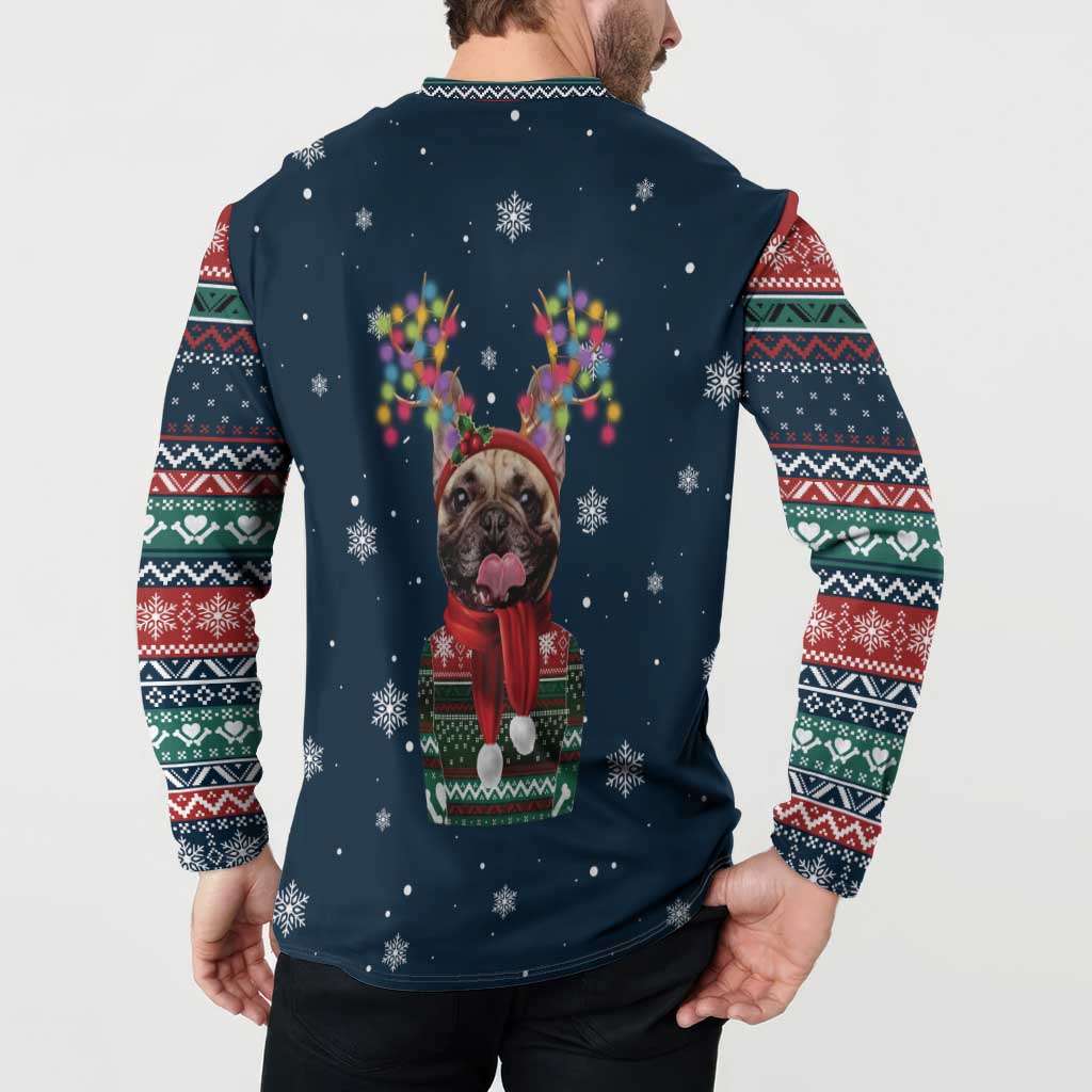 French Bulldog Reindeer Antlers Lights Button Sweatshirt with Red Green Winter Pattern Design - Wonder Print Shop