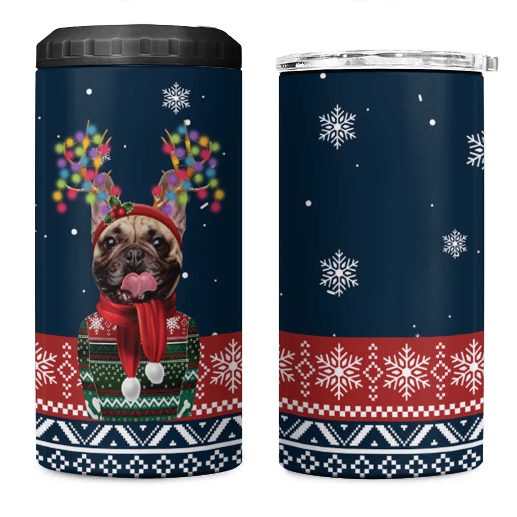 French Bulldog Reindeer Antlers Lights 4 in 1 Can Cooler Tumbler with Red Green Winter Pattern Design - Wonder Print Shop