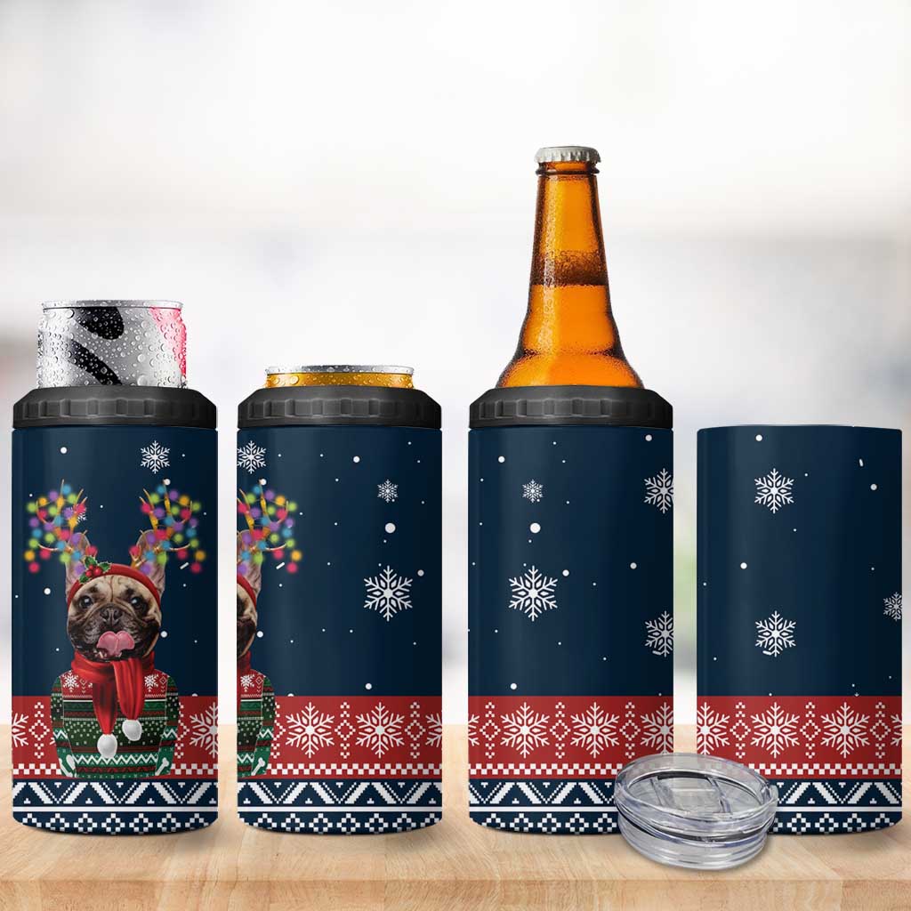 French Bulldog Reindeer Antlers Lights 4 in 1 Can Cooler Tumbler with Red Green Winter Pattern Design - Wonder Print Shop
