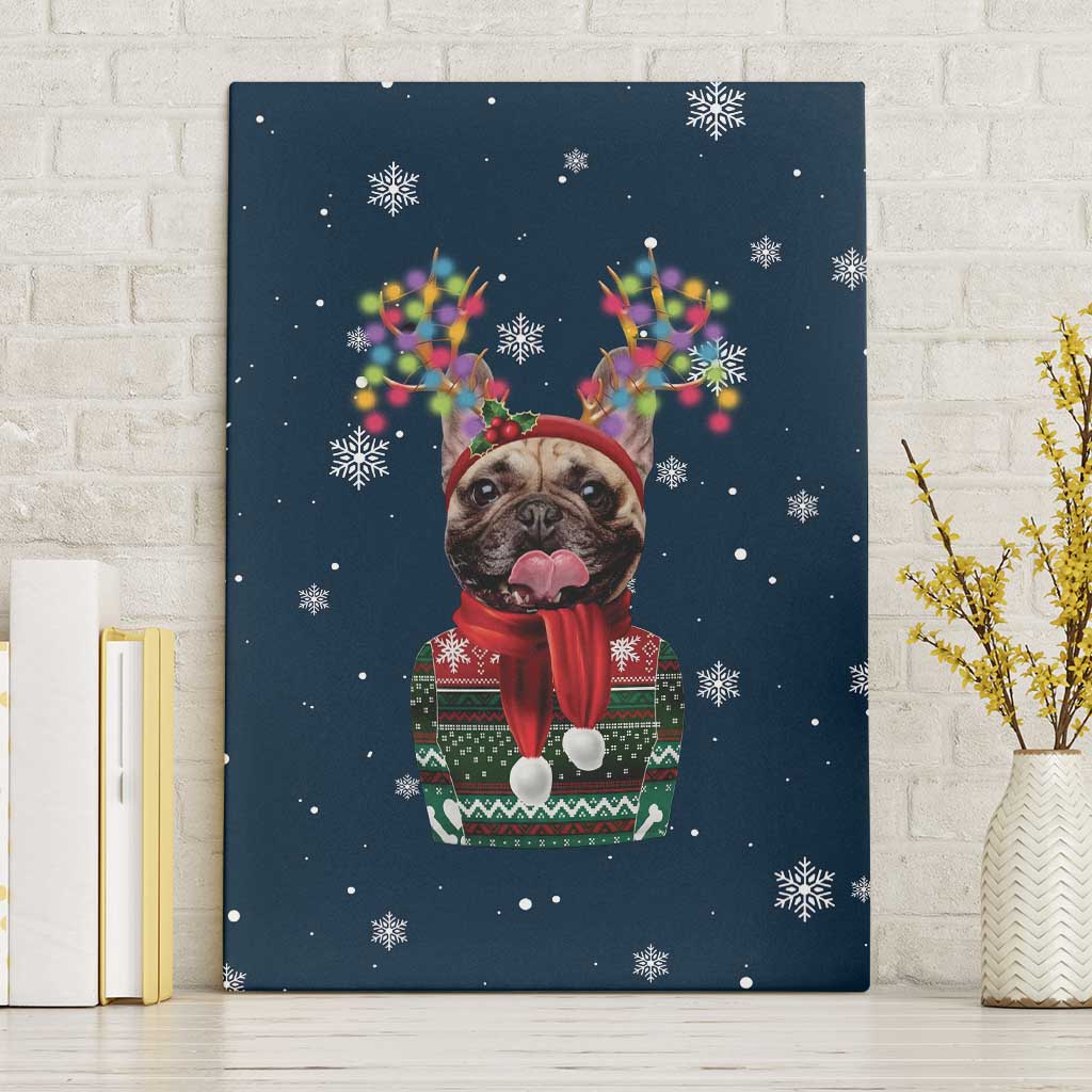 French Bulldog Reindeer Antlers Lights Canvas Wall Art with Red Green Winter Pattern Design - Wonder Print Shop