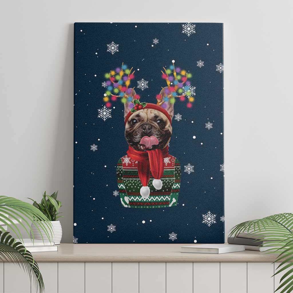 French Bulldog Reindeer Antlers Lights Canvas Wall Art with Red Green Winter Pattern Design - Wonder Print Shop
