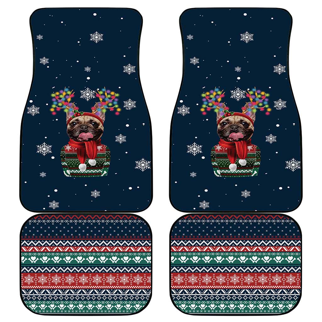 French Bulldog Reindeer Antlers Lights Car Mats with Red Green Winter Pattern Design - Wonder Print Shop