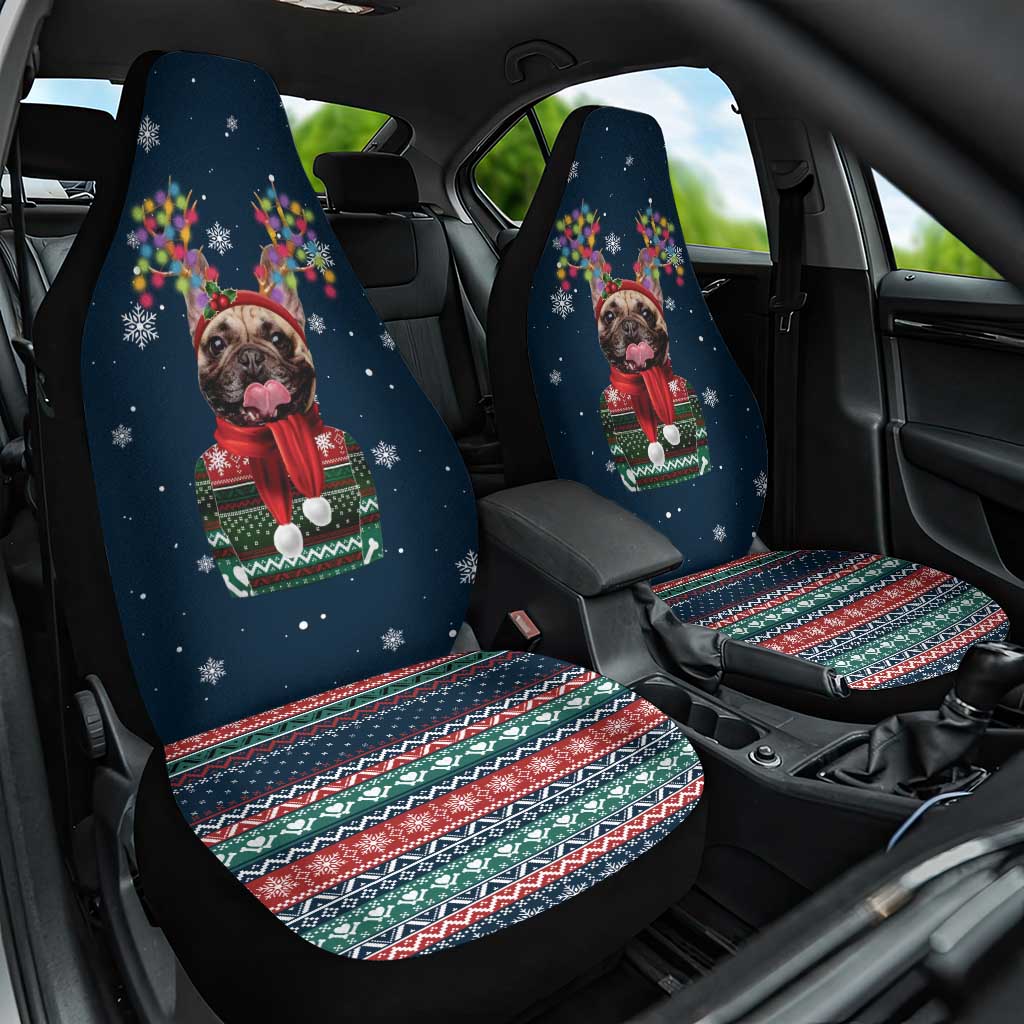 French Bulldog Reindeer Antlers Lights Car Seat Cover with Red Green Winter Pattern Design - Wonder Print Shop