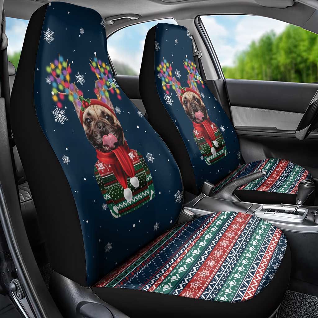 French Bulldog Reindeer Antlers Lights Car Seat Cover with Red Green Winter Pattern Design - Wonder Print Shop