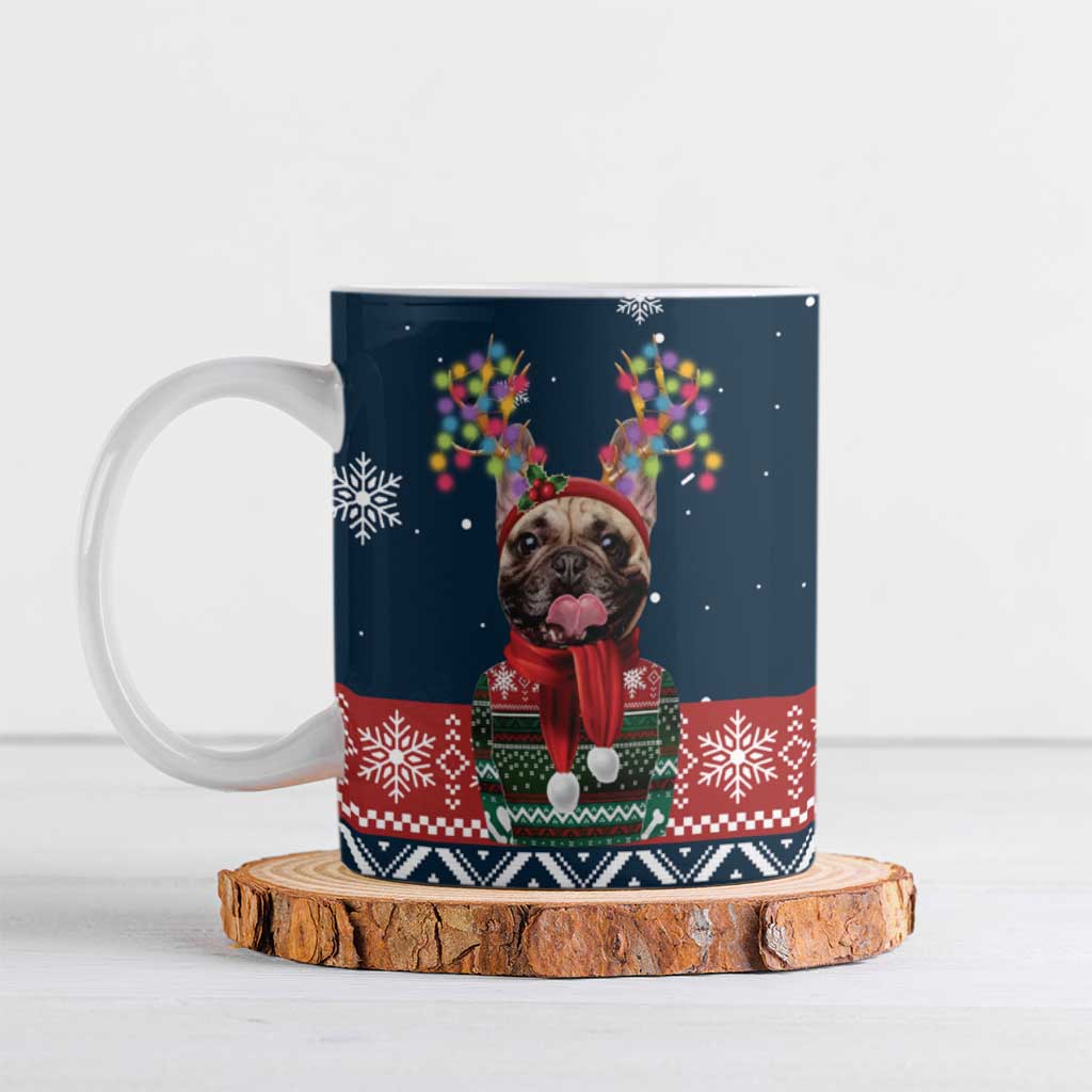 French Bulldog Reindeer Antlers Lights Ceramic Mug with Red Green Winter Pattern Design - Wonder Print Shop
