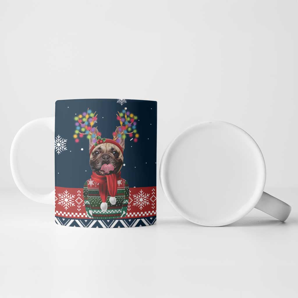 French Bulldog Reindeer Antlers Lights Ceramic Mug with Red Green Winter Pattern Design - Wonder Print Shop