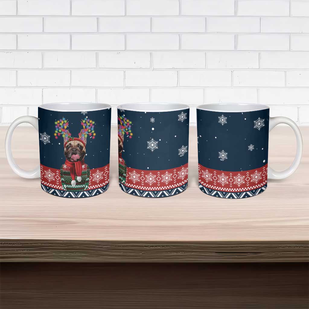 French Bulldog Reindeer Antlers Lights Ceramic Mug with Red Green Winter Pattern Design - Wonder Print Shop