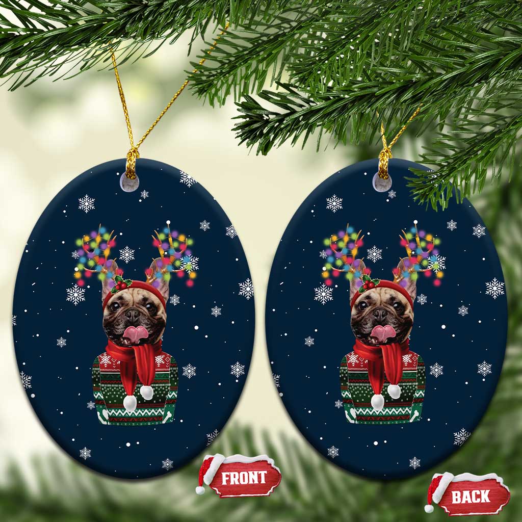 French Bulldog Reindeer Antlers Lights Ceramic Ornament with Red Green Winter Pattern Design - Wonder Print Shop