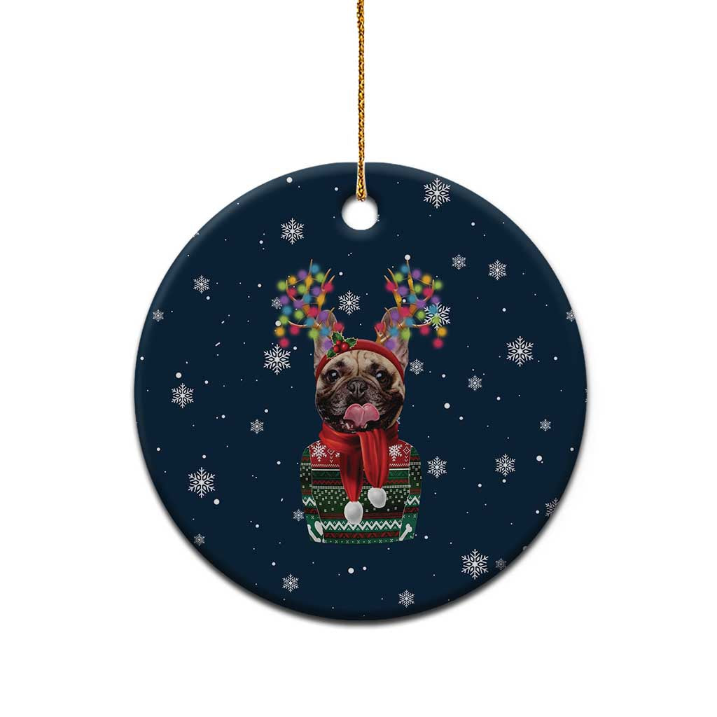 French Bulldog Reindeer Antlers Lights Ceramic Ornament with Red Green Winter Pattern Design - Wonder Print Shop