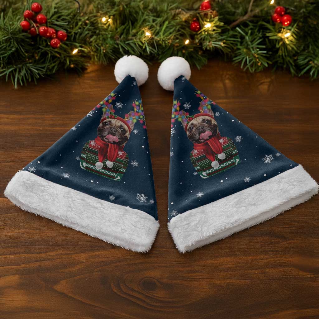 French Bulldog Reindeer Antlers Lights Christmas Santa Hat with Red Green Winter Pattern Design - Wonder Print Shop