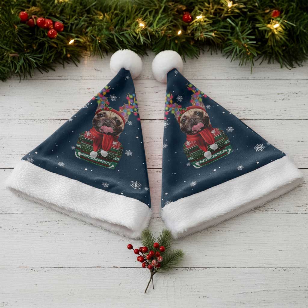 French Bulldog Reindeer Antlers Lights Christmas Santa Hat with Red Green Winter Pattern Design - Wonder Print Shop