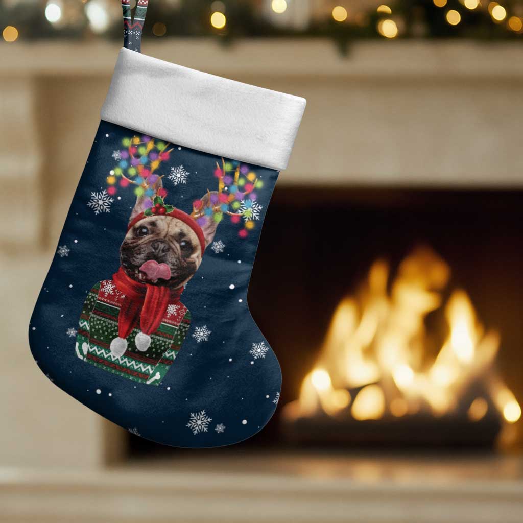 French Bulldog Reindeer Antlers Lights Christmas Stocking with Red Green Winter Pattern Design - Wonder Print Shop