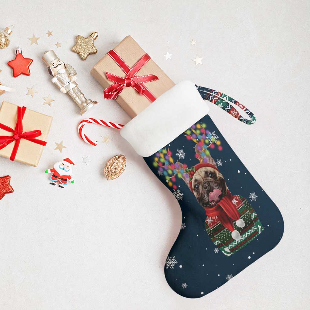 French Bulldog Reindeer Antlers Lights Christmas Stocking with Red Green Winter Pattern Design - Wonder Print Shop