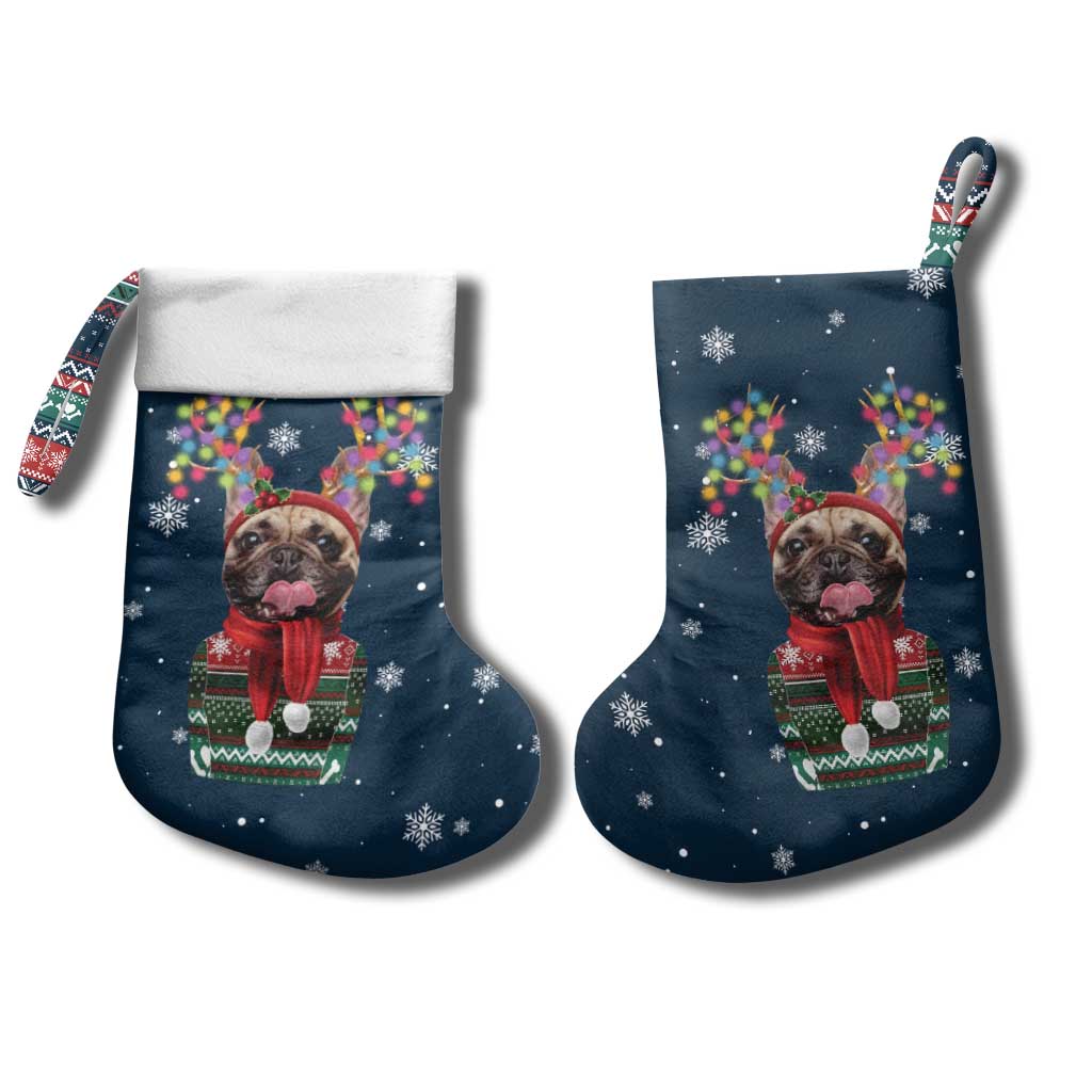 French Bulldog Reindeer Antlers Lights Christmas Stocking with Red Green Winter Pattern Design - Wonder Print Shop