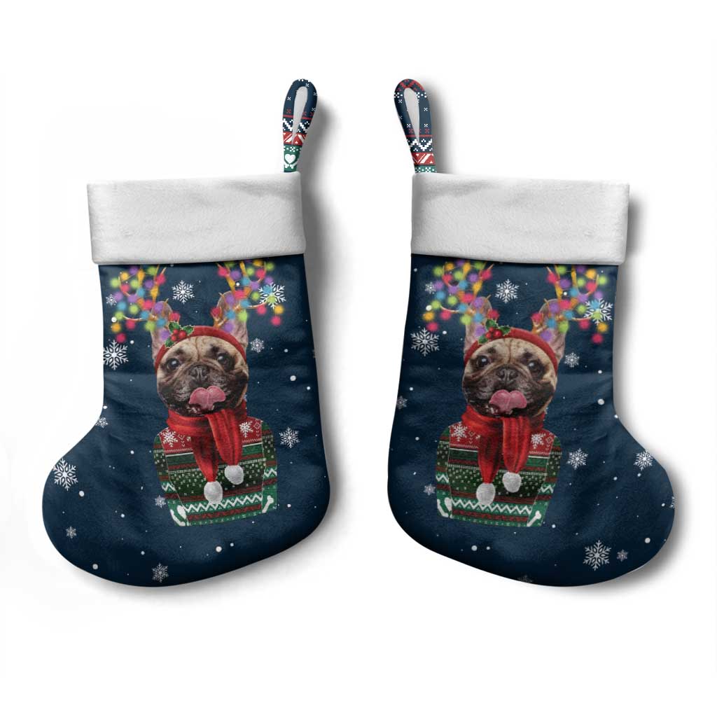 French Bulldog Reindeer Antlers Lights Christmas Stocking with Red Green Winter Pattern Design - Wonder Print Shop
