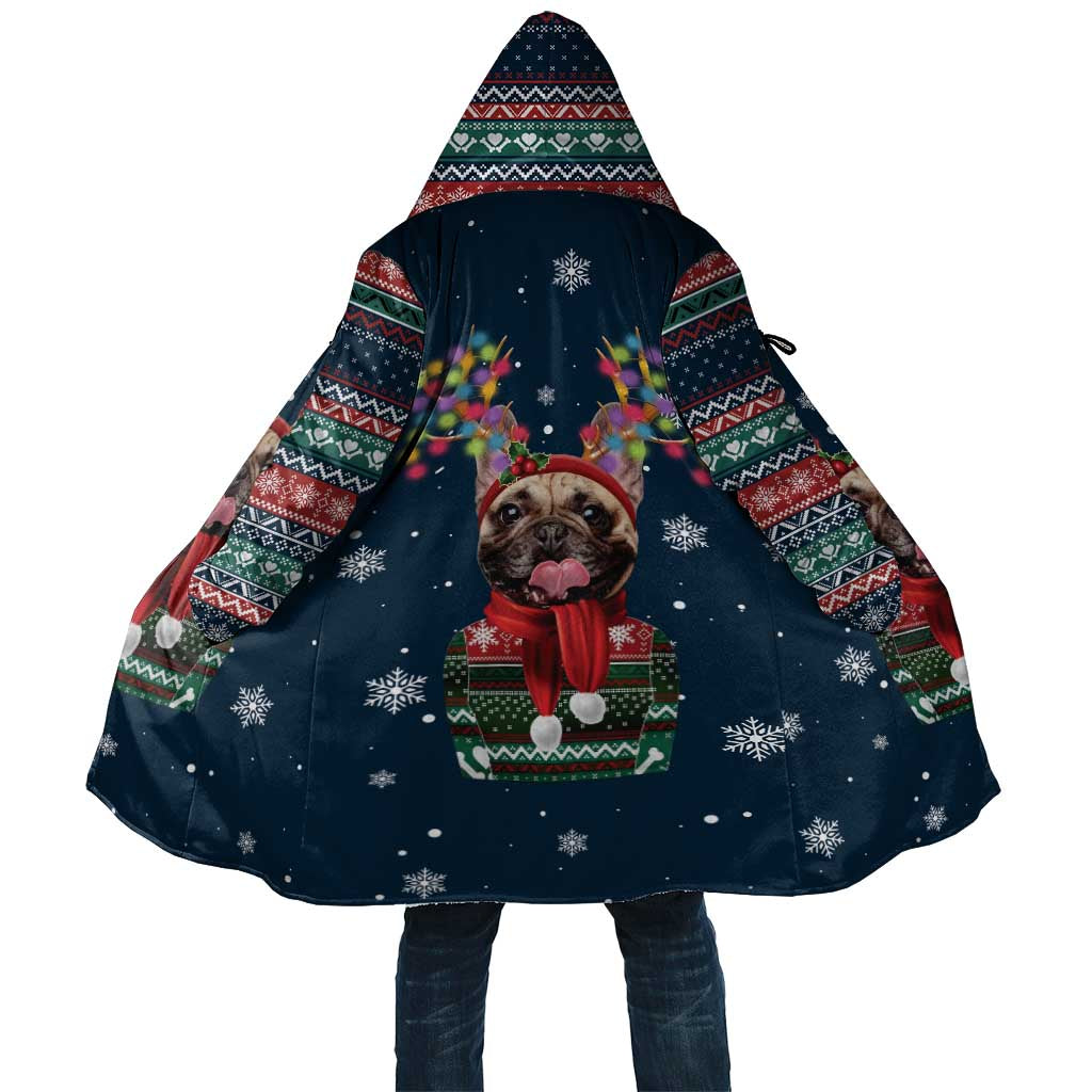 French Bulldog Reindeer Antlers Lights Cloak with Red Green Winter Pattern Design - Wonder Print Shop