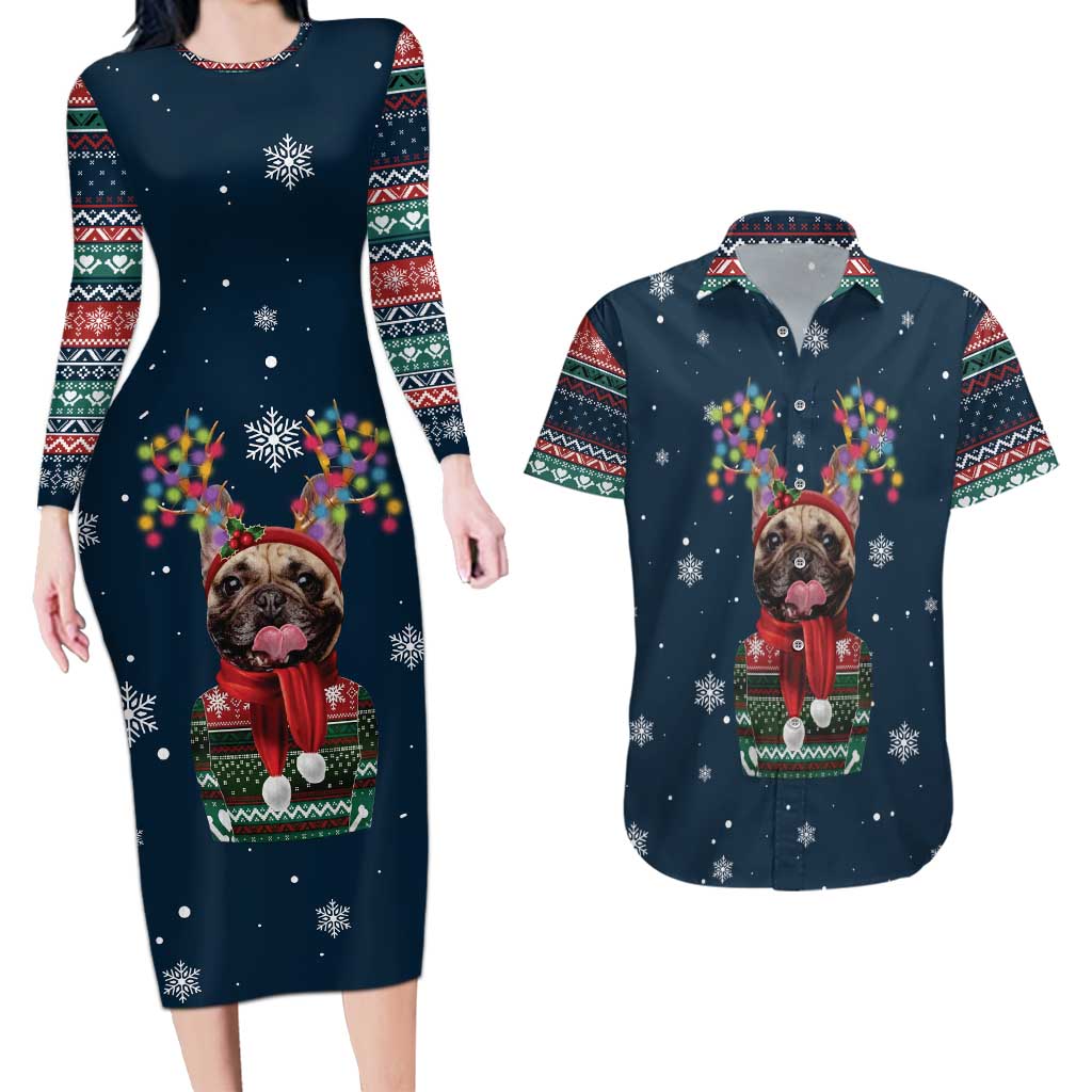French Bulldog Reindeer Antlers Lights Couples Matching Long Sleeve Bodycon Dress and Hawaiian Shirt with Red Green Winter Pattern Design - Wonder Print Shop