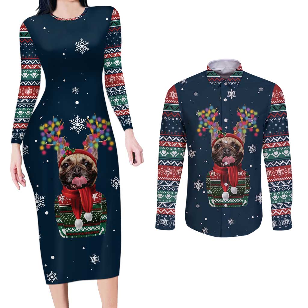 French Bulldog Reindeer Antlers Lights Couples Matching Long Sleeve Bodycon Dress and Long Sleeve Button Shirt with Red Green Winter Pattern Design - Wonder Print Shop