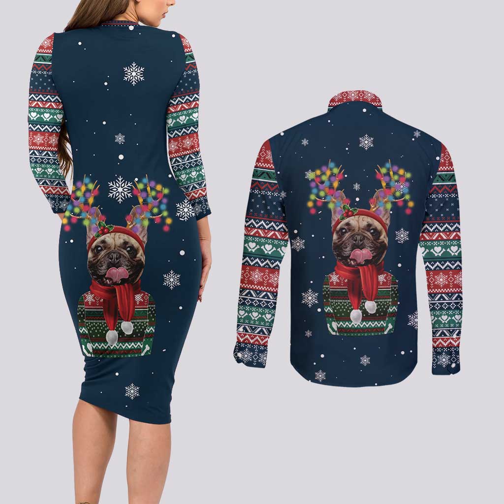 French Bulldog Reindeer Antlers Lights Couples Matching Long Sleeve Bodycon Dress and Long Sleeve Button Shirt with Red Green Winter Pattern Design - Wonder Print Shop