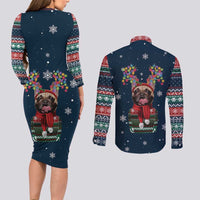 French Bulldog Reindeer Antlers Lights Couples Matching Long Sleeve Bodycon Dress and Long Sleeve Button Shirt with Red Green Winter Pattern Design - Wonder Print Shop
