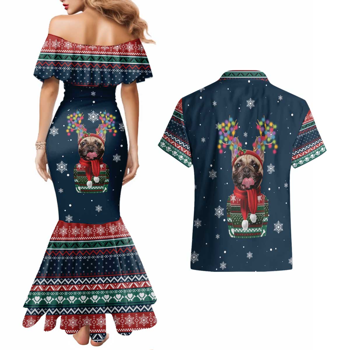 French Bulldog Reindeer Antlers Lights Couples Matching Mermaid Dress and Hawaiian Shirt with Red Green Winter Pattern Design - Wonder Print Shop