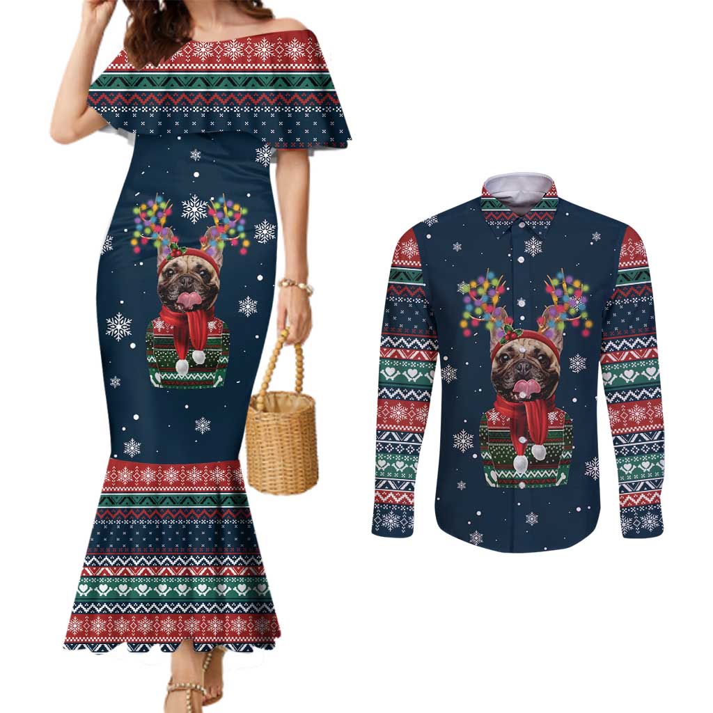 French Bulldog Reindeer Antlers Lights Couples Matching Mermaid Dress and Long Sleeve Button Shirt with Red Green Winter Pattern Design - Wonder Print Shop