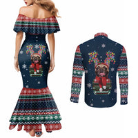 French Bulldog Reindeer Antlers Lights Couples Matching Mermaid Dress and Long Sleeve Button Shirt with Red Green Winter Pattern Design - Wonder Print Shop