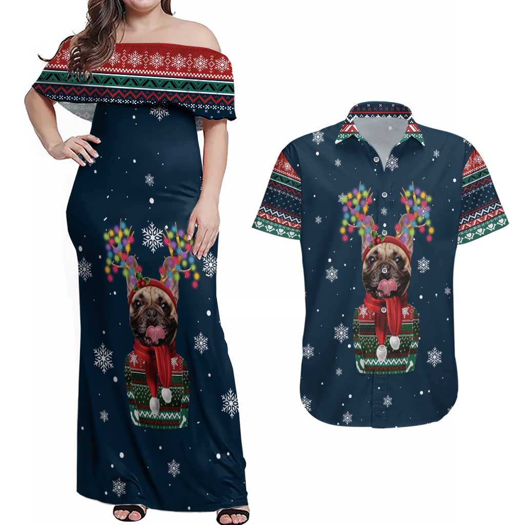 French Bulldog Reindeer Antlers Lights Couples Matching Off Shoulder Maxi Dress and Hawaiian Shirt with Red Green Winter Pattern Design - Wonder Print Shop