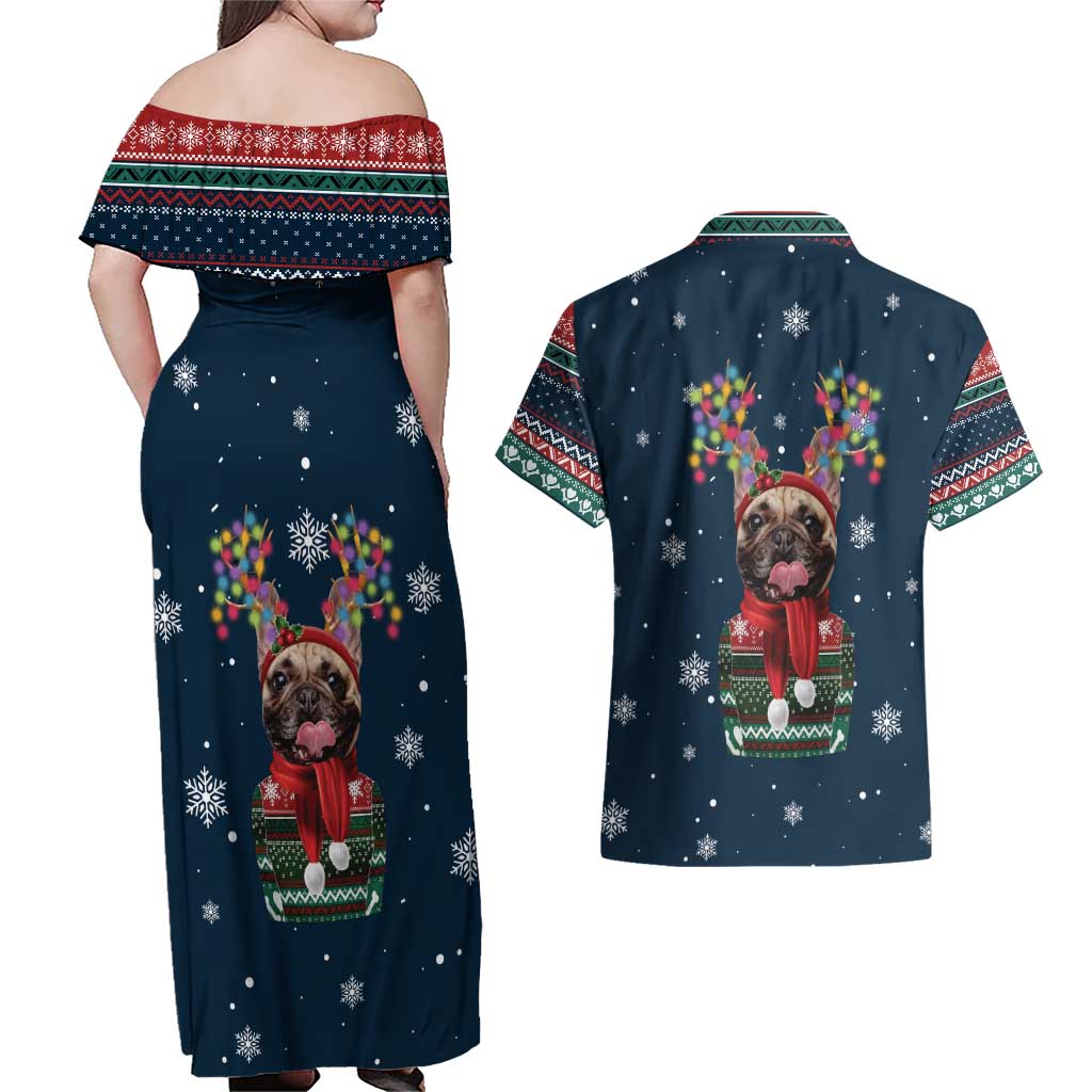 French Bulldog Reindeer Antlers Lights Couples Matching Off Shoulder Maxi Dress and Hawaiian Shirt with Red Green Winter Pattern Design - Wonder Print Shop