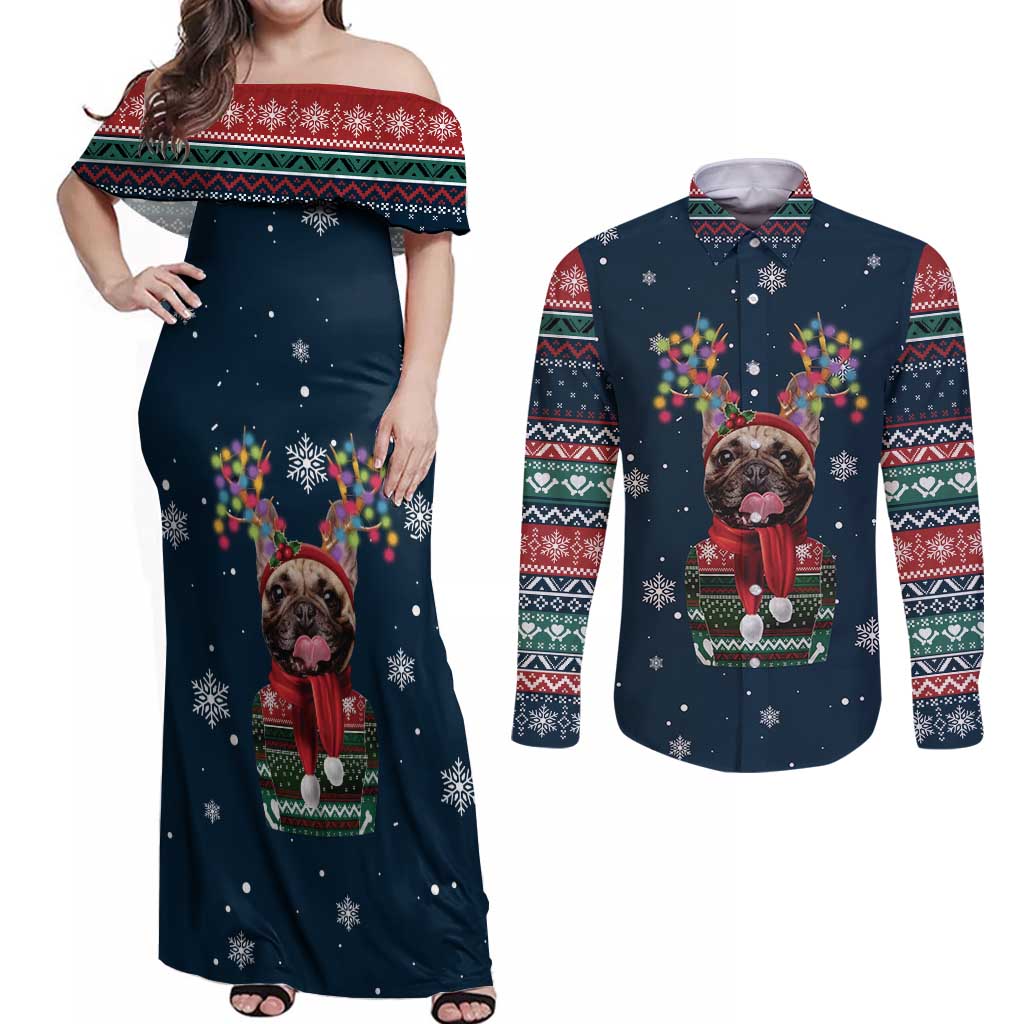 French Bulldog Reindeer Antlers Lights Couples Matching Off Shoulder Maxi Dress and Long Sleeve Button Shirt with Red Green Winter Pattern Design - Wonder Print Shop