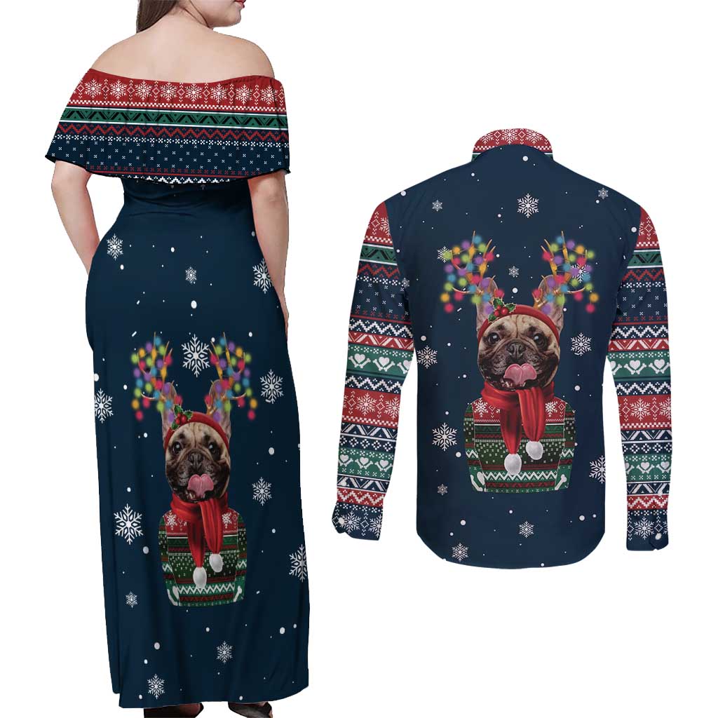 French Bulldog Reindeer Antlers Lights Couples Matching Off Shoulder Maxi Dress and Long Sleeve Button Shirt with Red Green Winter Pattern Design - Wonder Print Shop