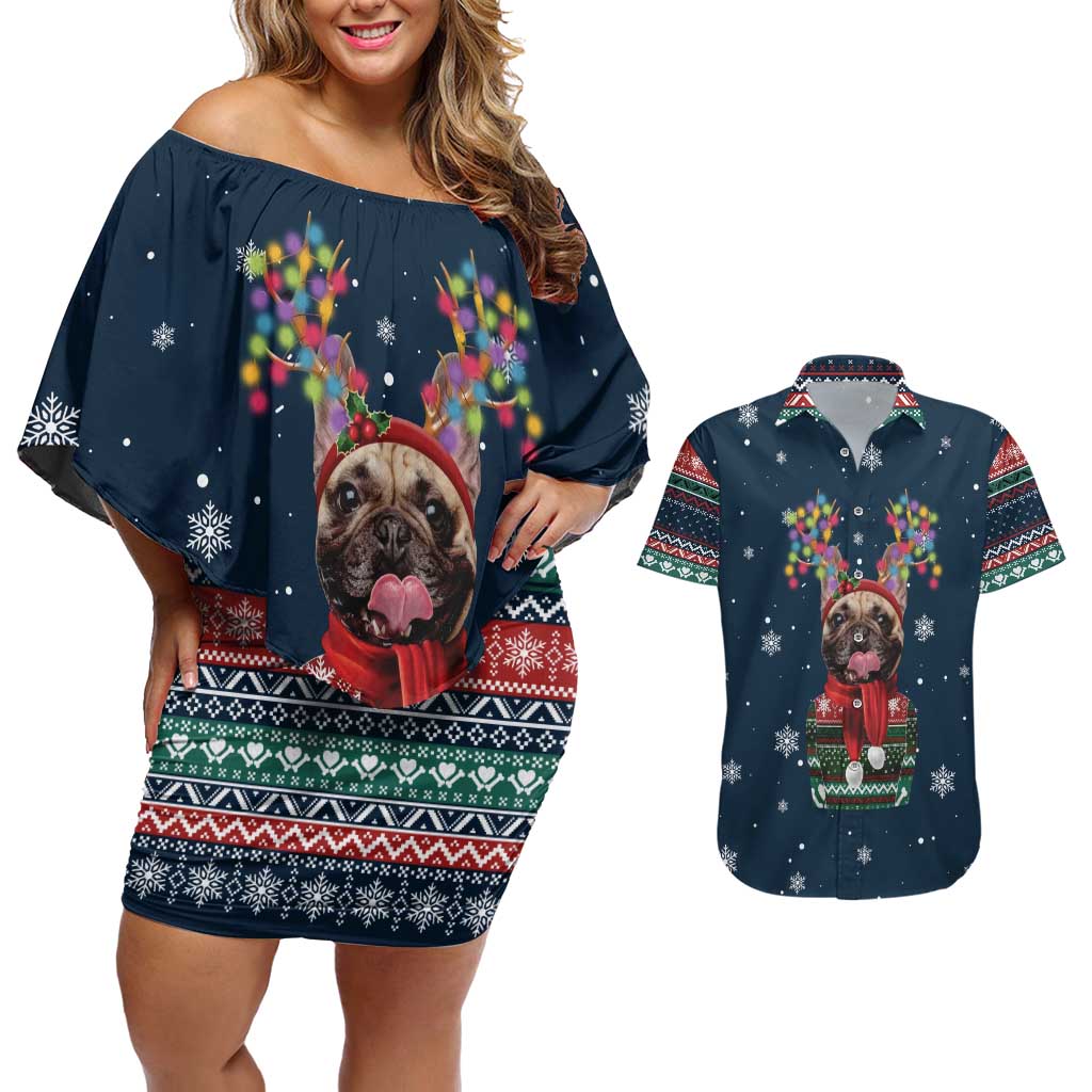 French Bulldog Reindeer Antlers Lights Couples Matching Off Shoulder Short Dress and Hawaiian Shirt with Red Green Winter Pattern Design - Wonder Print Shop