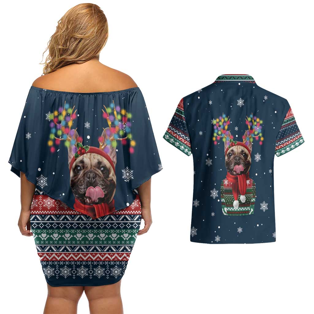 French Bulldog Reindeer Antlers Lights Couples Matching Off Shoulder Short Dress and Hawaiian Shirt with Red Green Winter Pattern Design - Wonder Print Shop
