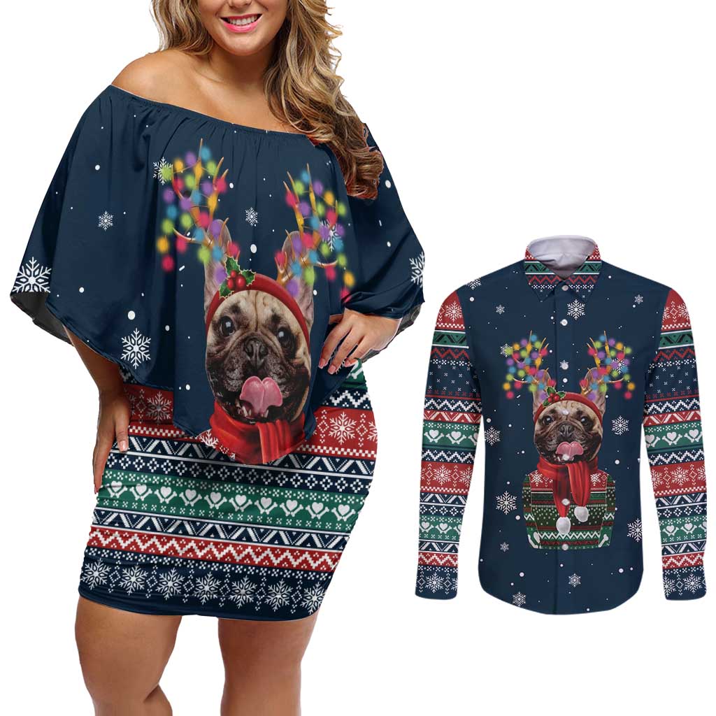 French Bulldog Reindeer Antlers Lights Couples Matching Off Shoulder Short Dress and Long Sleeve Button Shirt with Red Green Winter Pattern Design - Wonder Print Shop
