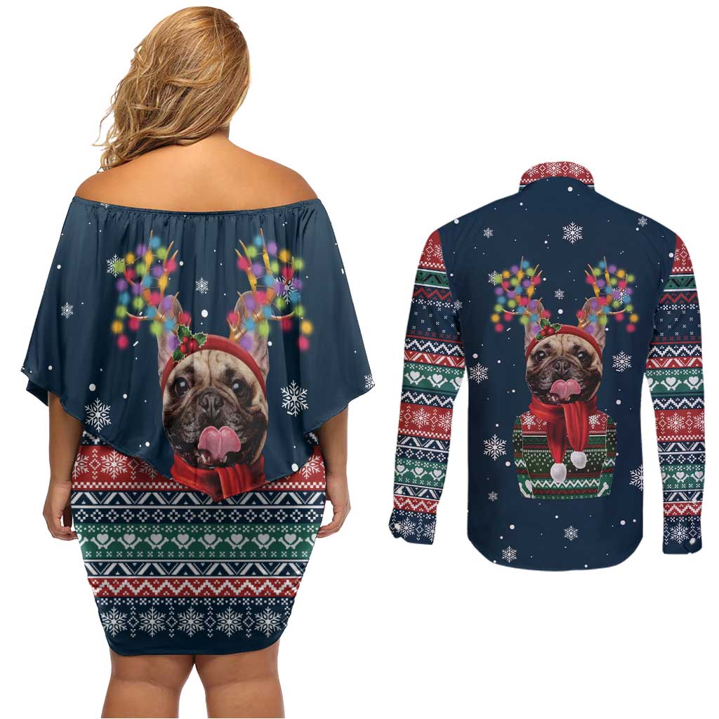 French Bulldog Reindeer Antlers Lights Couples Matching Off Shoulder Short Dress and Long Sleeve Button Shirt with Red Green Winter Pattern Design - Wonder Print Shop