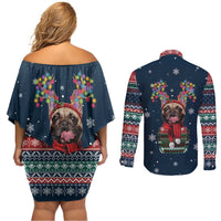 French Bulldog Reindeer Antlers Lights Couples Matching Off Shoulder Short Dress and Long Sleeve Button Shirt with Red Green Winter Pattern Design - Wonder Print Shop
