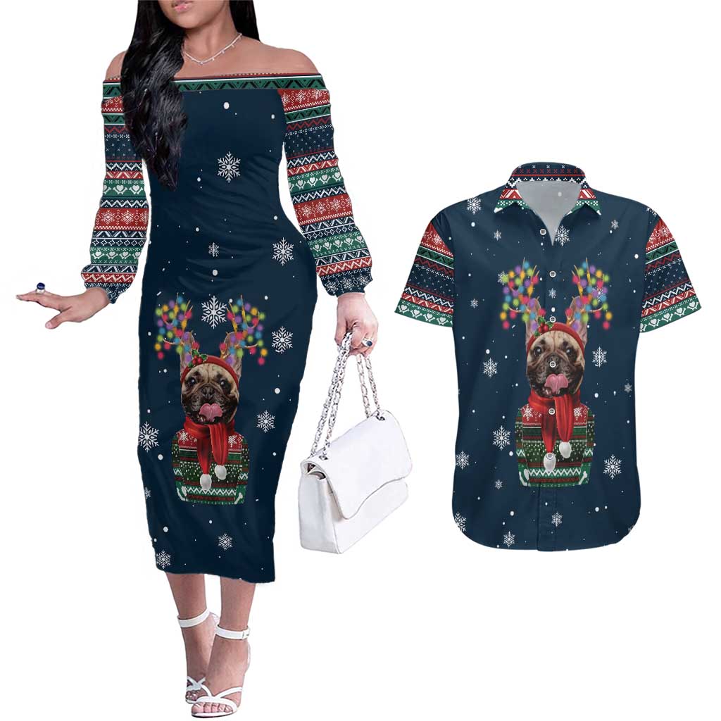 French Bulldog Reindeer Antlers Lights Couples Matching Off The Shoulder Long Sleeve Dress and Hawaiian Shirt with Red Green Winter Pattern Design - Wonder Print Shop