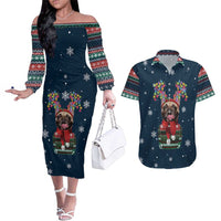 French Bulldog Reindeer Antlers Lights Couples Matching Off The Shoulder Long Sleeve Dress and Hawaiian Shirt with Red Green Winter Pattern Design - Wonder Print Shop