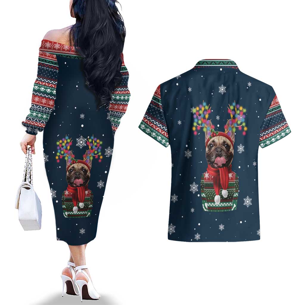French Bulldog Reindeer Antlers Lights Couples Matching Off The Shoulder Long Sleeve Dress and Hawaiian Shirt with Red Green Winter Pattern Design - Wonder Print Shop