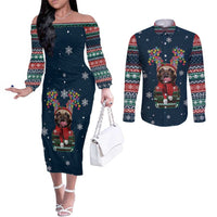French Bulldog Reindeer Antlers Lights Couples Matching Off The Shoulder Long Sleeve Dress and Long Sleeve Button Shirt with Red Green Winter Pattern Design - Wonder Print Shop